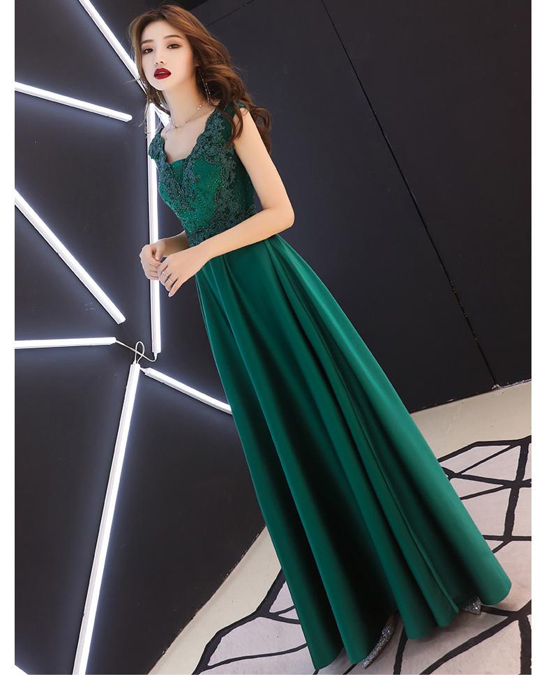 Green Satin A-Line Long Party Dress With Lace, Beaded Satin Evening Dress Prom Dress cg16875