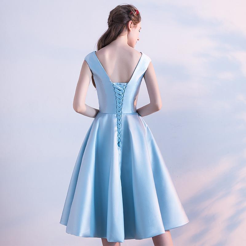 Blue Satin Knee Length Round Neckline Party Dress, Blue Prom Dress Bridesmaid Dress cg16876