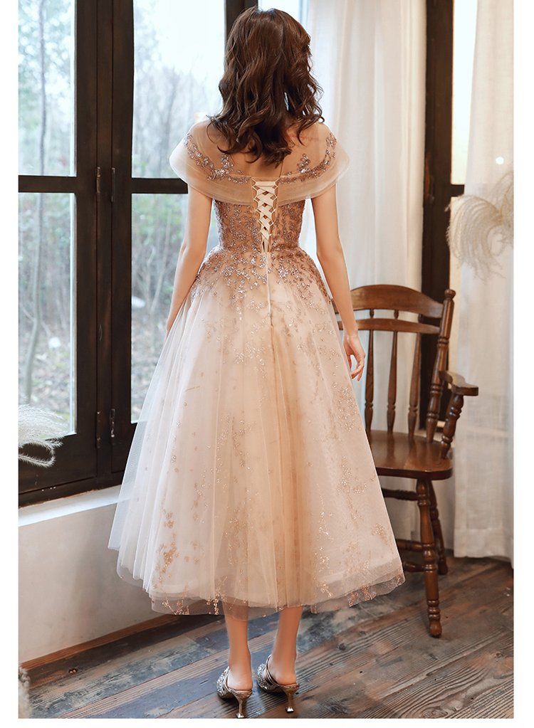 Light Champagne Applique Tulle Cap Sleeves Party Dress Prom Dress Bridesmaid Dress cg16877