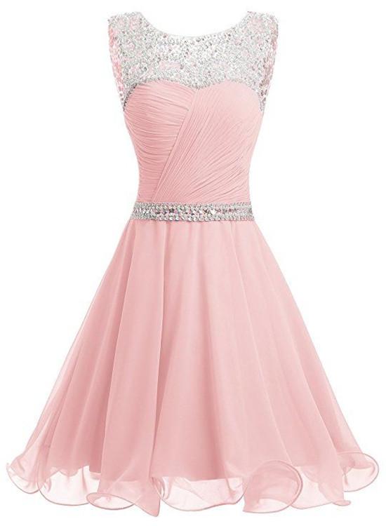 Pink Chiffon Crystal Homecoming Dress, Short Beaded Party Dress cg16880
