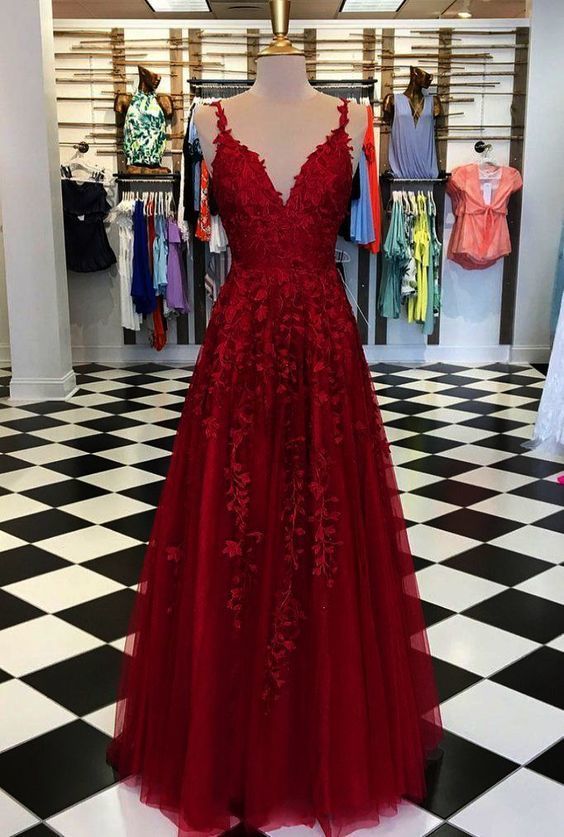 A-Line Spaghetti Straps V Neck Lace Prom Dress cg16887