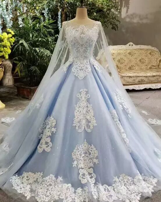 Blue And White Lace Shiny Prom Dress , Charming Prom Dress cg16888