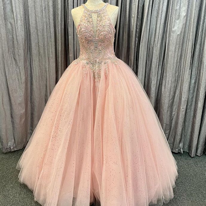 Pink Beaded Tulle Long Quincerean Gown Long Prom Dress cg16897
