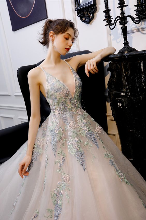 Spaghetti Straps Embroidery Tulle Prom Dress cg16917