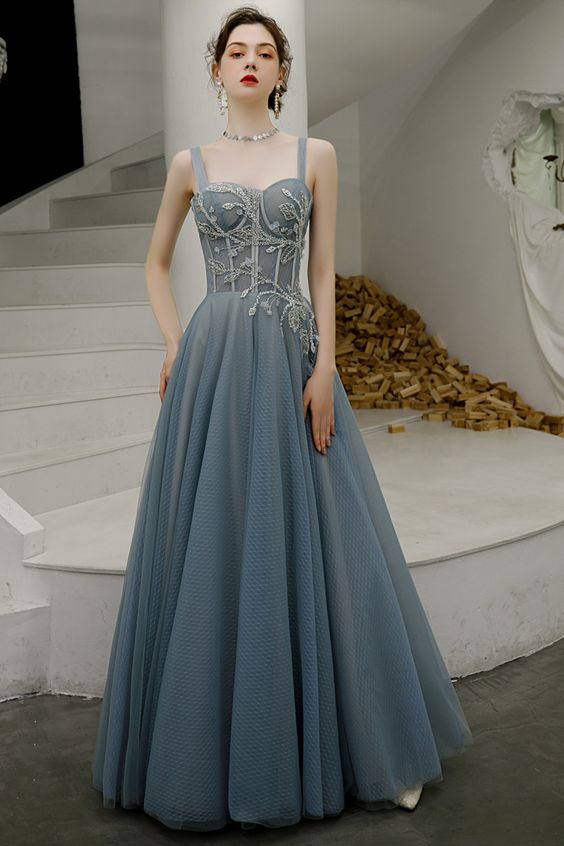 Elegant A-Line Embroidery Dusty Blue Prom Dress cg16918