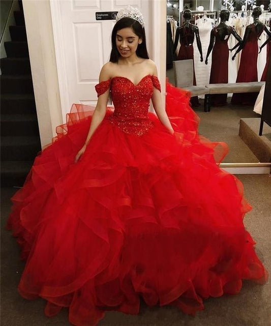 Luxury Ball Gown Red Quinceanera Dresses Off The Shoulder Prom Dress    cg16934