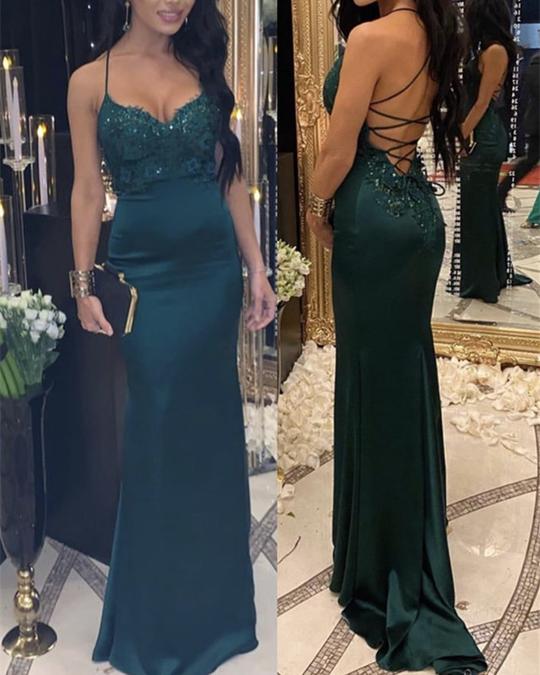 Open Back Satin Mermaid Prom Dresses Lace Appliques cg16956