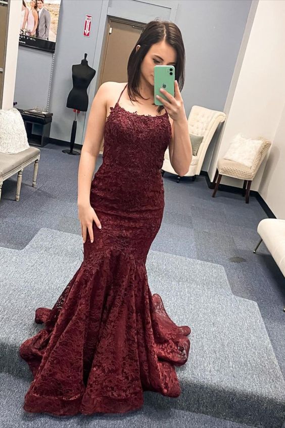 mermaid burgundy lace long prom dress formal dress cg16972
