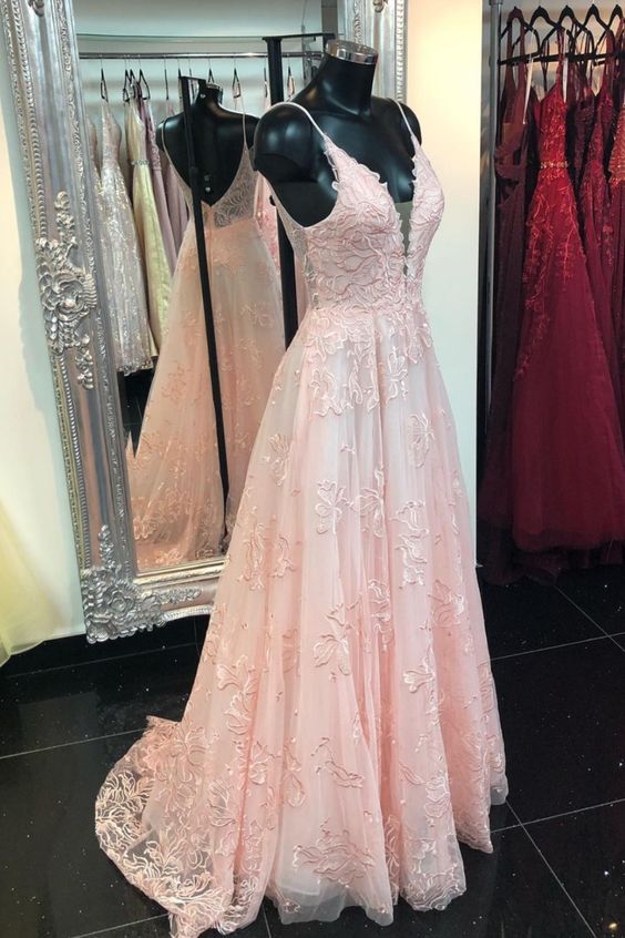 A-line pink lace long prom dress formal dress 2021 cg16984