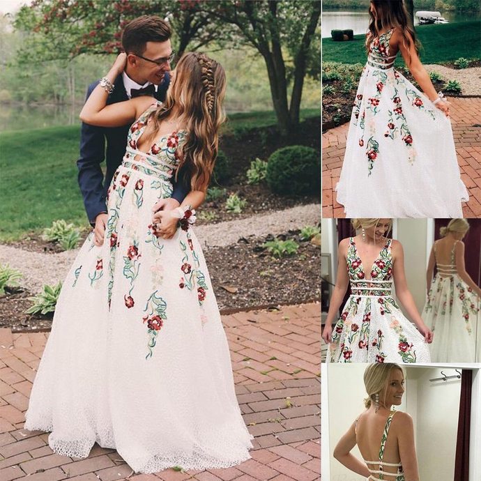 Sexy V-Neck Appliques A-Line Prom Dresses,Long Prom Dresses,Cheap Prom Dresses, Evening Dress Prom Gowns cg16987