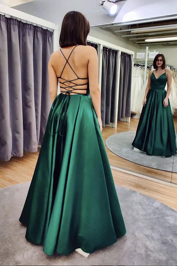 Green satin long prom dress A line evening dress cg17004