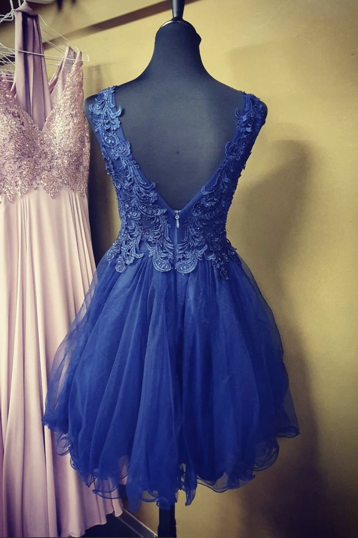 Blue lace short A line evening dress Homecoming Dress cg17005