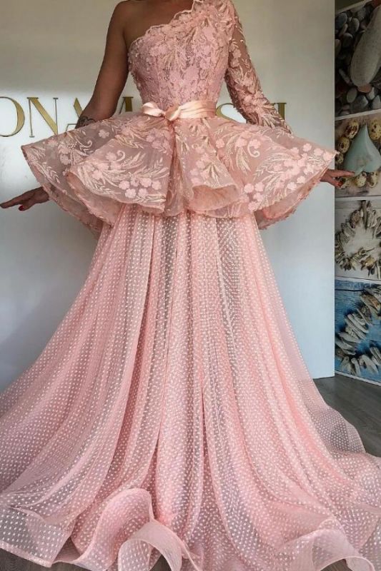 New One Shoulder Pink Tulle Lace Prom Dress On Sale cg17009
