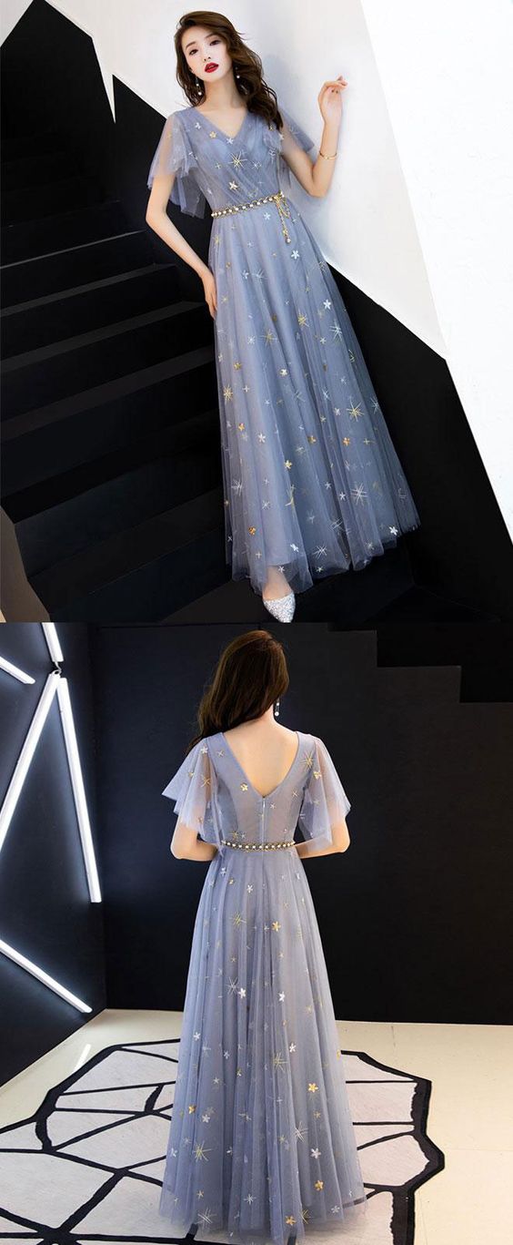 Blue tulle long prom dress, blue tulle bridesmaid dress cg17029