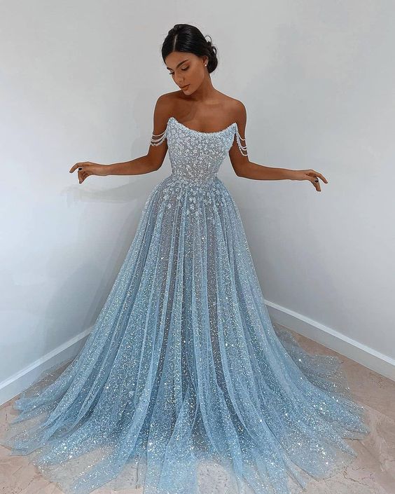 Blue tulle long prom dress, blue tulle evening dress cg17031