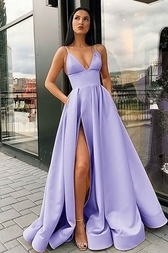 Elegant A Line Satin Pocket Lilac Long Evening Party Gown Girls Sweet 16 Dresses prom party dress cg17041