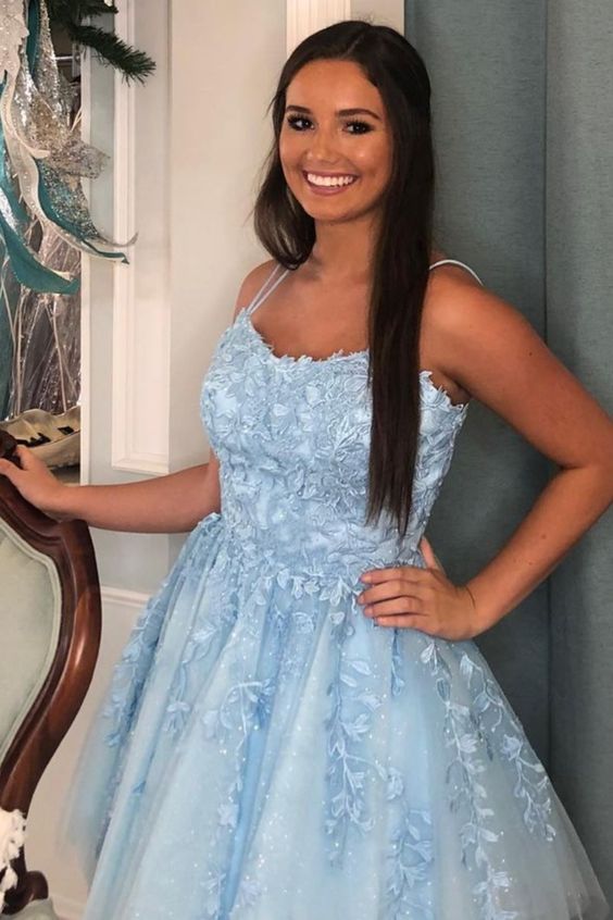 A-line blue lace appliqued short homecoming dress sweet 16 dress cg17049