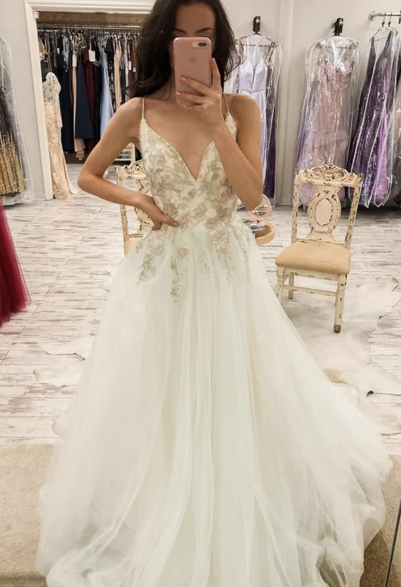 White v neck lace long prom dress white evening dress cg17054