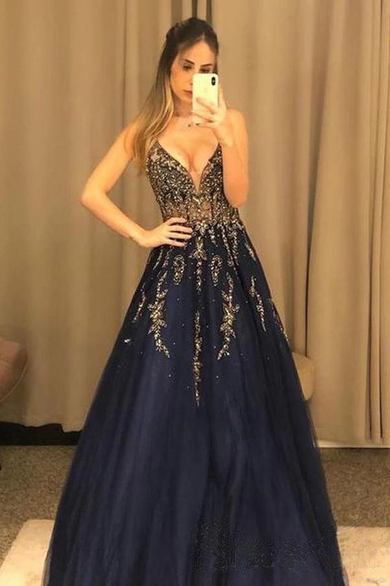V Neck Line Sexy Party Dress Navy Blue Appliques Long Prom Dress With Beading cg17077