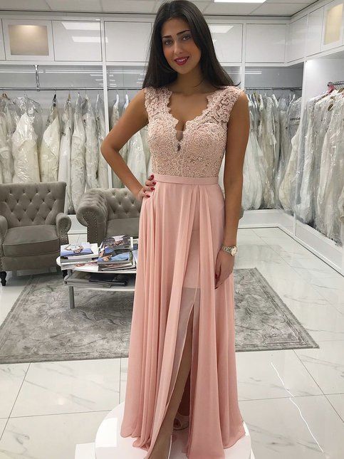 Pink Lace Chiffon Long Prom Dress cg17079