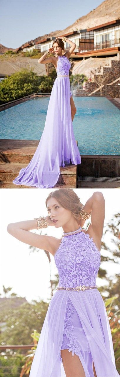 Sexy Halter Neck Split Slit Long Prom Dress,Lilac Lace High Neck Floor Length Formal Dress cg17080