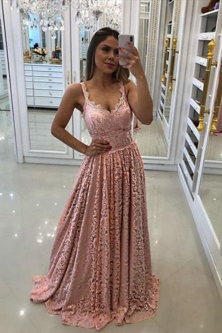 Long Pink Lace Prom Dress cg17099