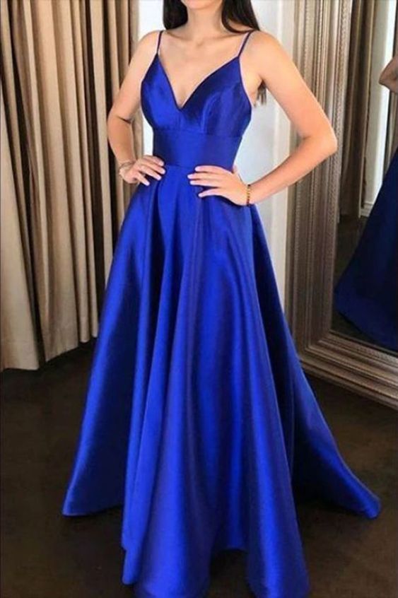 Satin A Line V Neck Royal Blue Evening Formal Party Dress ,Girls Prom Long Gown cg17104
