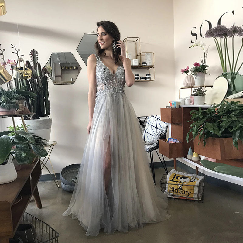 Princess Grey Tulle Long Prom Dress with Beaded Top and Open Back cg17108