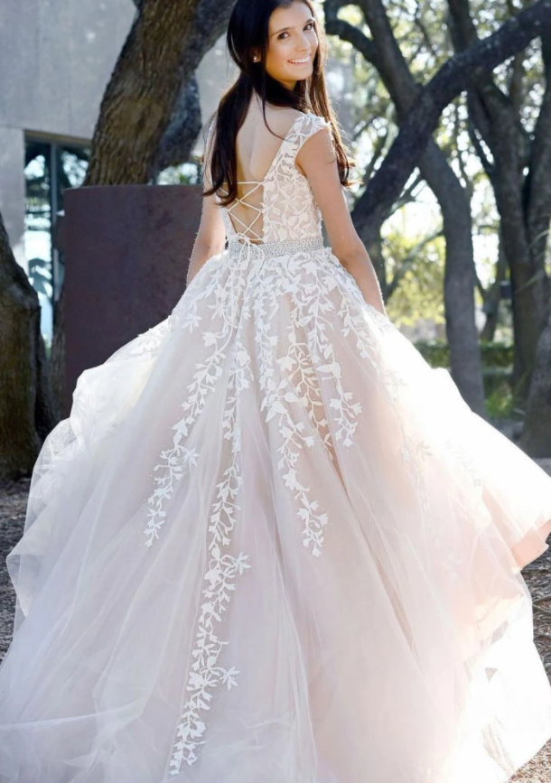 Champagne tulle lace long prom dress champagne evening dress cg17127