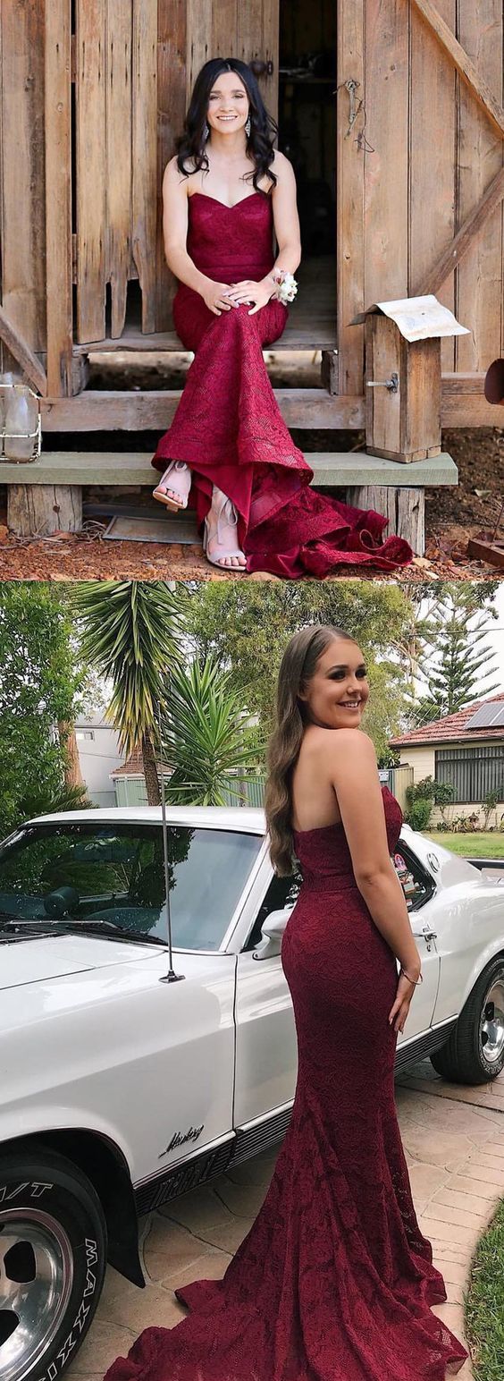 Strapless mermaid burgundy lace long prom dress cg17133