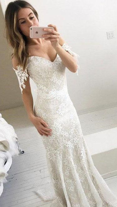 Mermaid Off-the-Shoulder Backless Sweep Train Ivory Lace Prom Dress cg17147