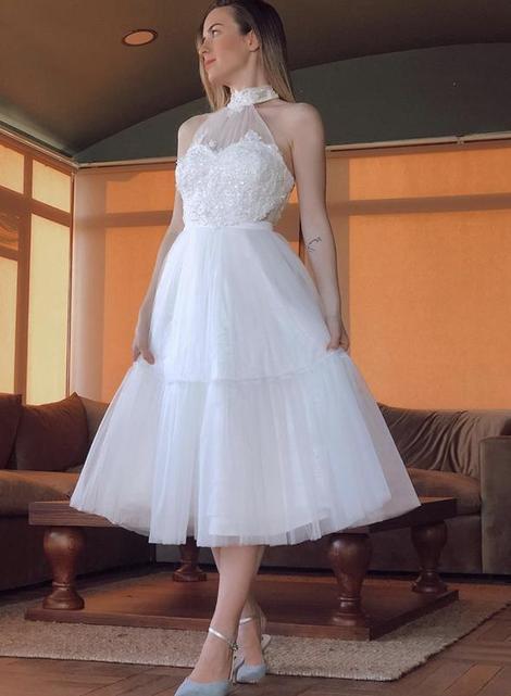 White tulle lace short prom dress party dress cg17150