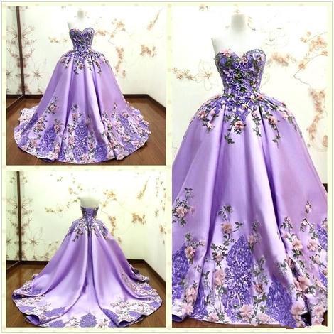 Luxury Purple Ball Gown Evening Dresses 3D-Floral Appliques Flower Lace Formal Prom Gowns g17157