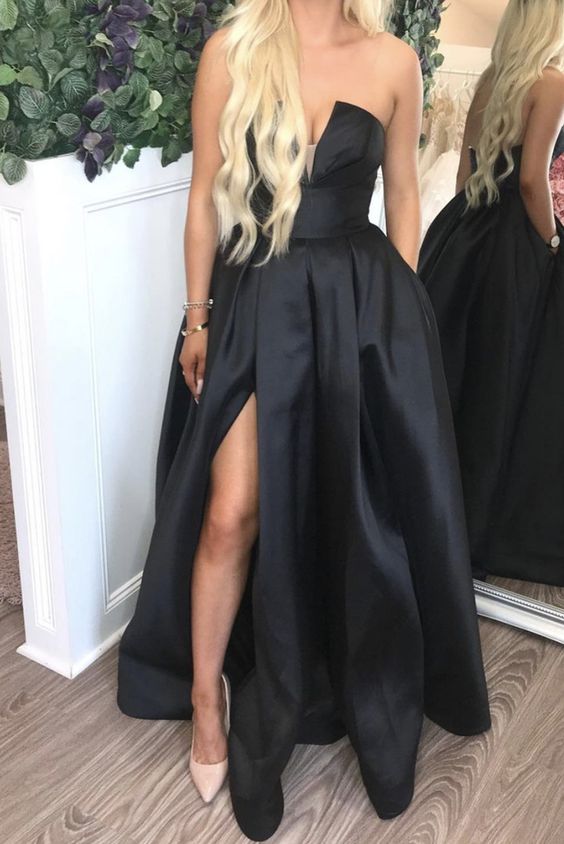 Sexy Long Satin Strapless Evening Gown Side Split Prom Dresses Black cg17186