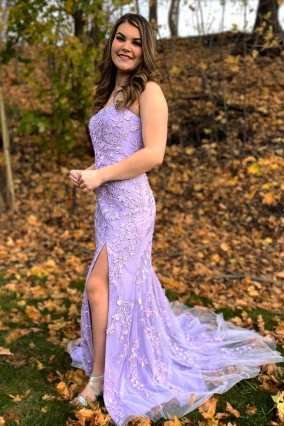 gorgeous strapless mermaid lavender lace appliqued long formal prom dress with side slit cg17188
