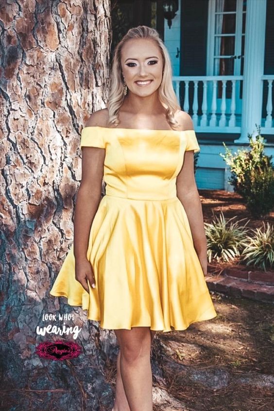 off the shoulder short yellow satin party dress homecoming dress cg17195