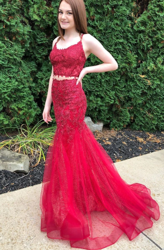 Two Pieces Mermaid Burgundy Lace Long Prom Dress, 2 Pieces Burgundy Formal Dress cg17212