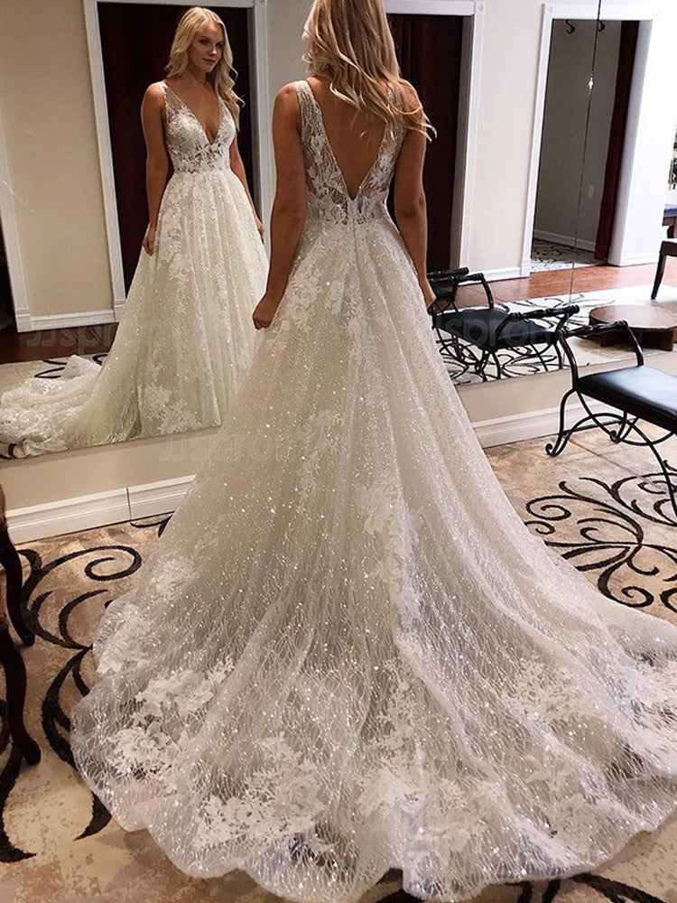 Luxurious Ball Gown V Neck Open Back White Lace Wedding Dresses,Elegant Bridal Gown Prom Dress cg17224