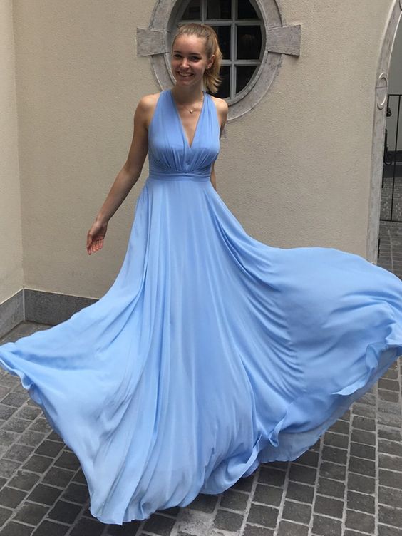 Long Blue Chiffon Prom Dress cg17226