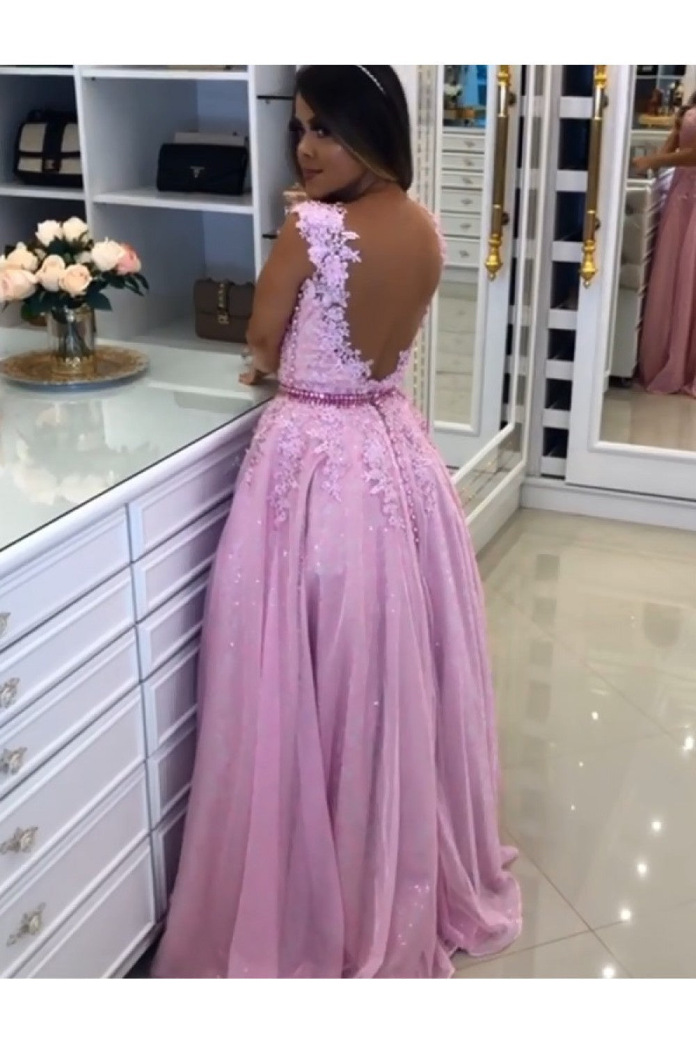 A-Line Beaded Lace Long Tulle Prom Dresses Formal Evening Gowns cg17228