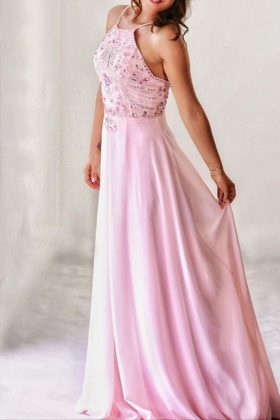 beaded top pink chiffon long formal prom dress with key hole cg17247