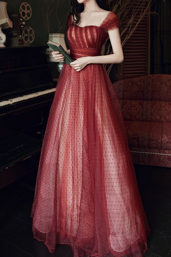 2021 princess burgundy tulle long formal dress prom dress cg17249