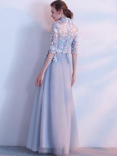 A-line High Neck Floor-length Half sleeve Tulle Prom Dress/Evening Dress cg17268