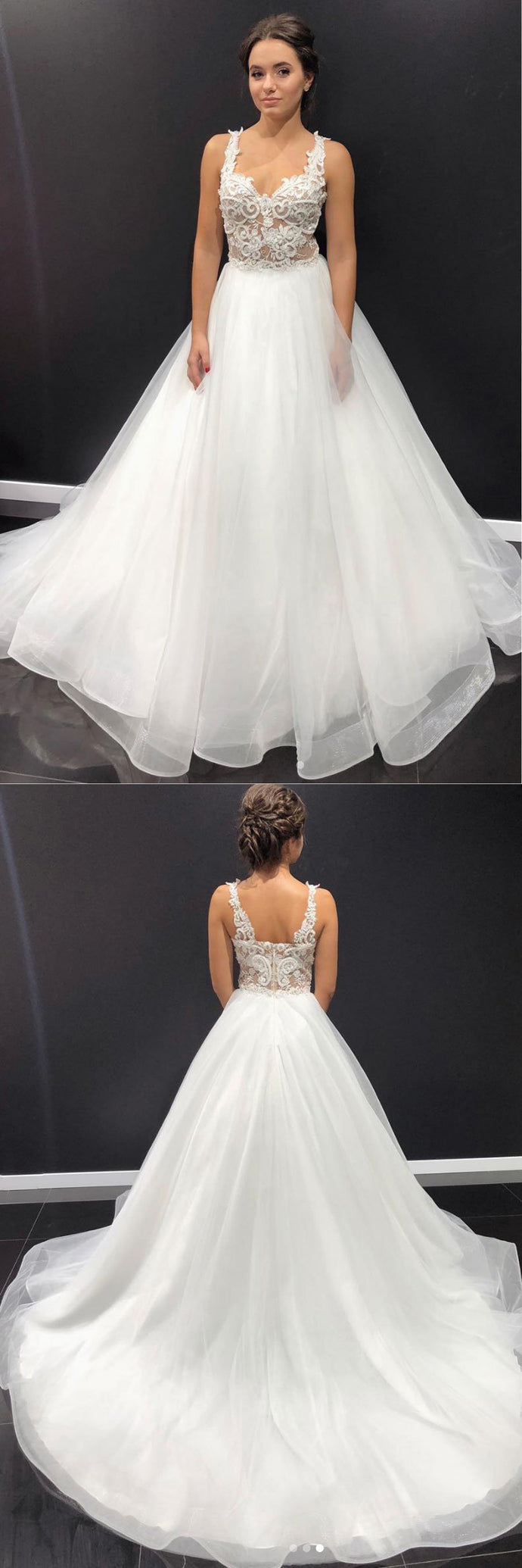 White Lace A Line Full Length Tulle Formal Prom Dress cg17280