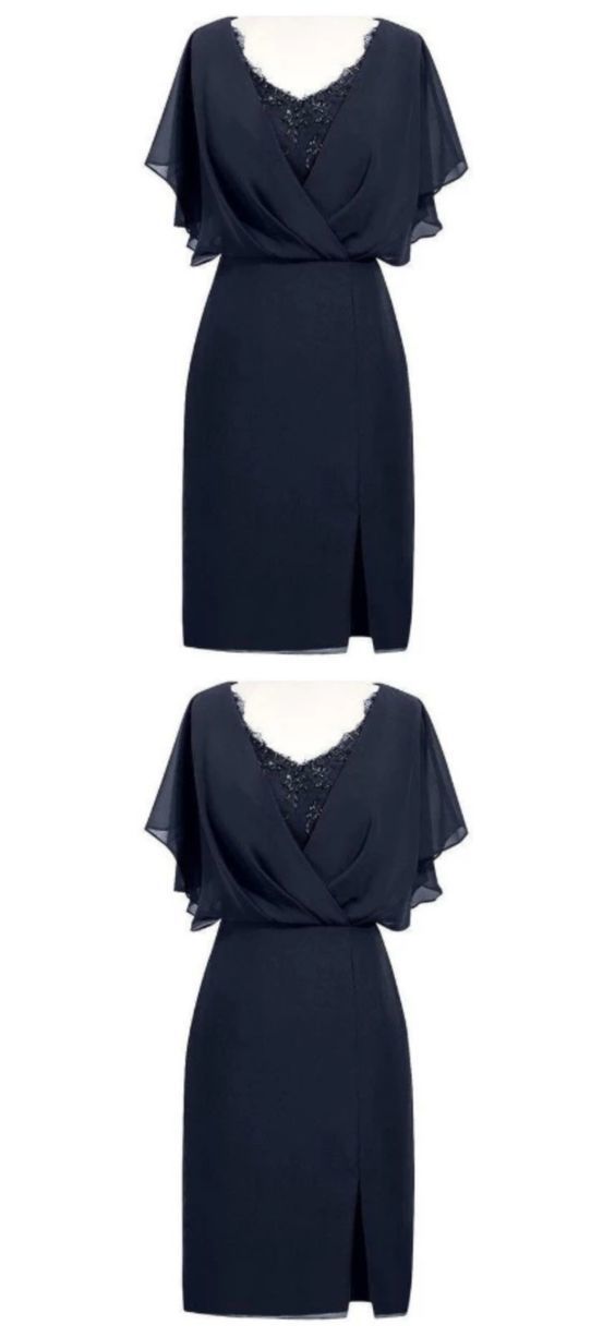 Sheath V-Neck Short Navy Blue Chiffon Homecoming Dress cg17287