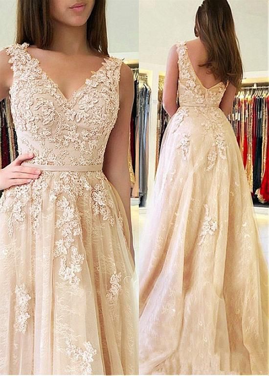 A-Line V-Neck Lace Long Prom Dresses Formal Evening Dresses cg17306