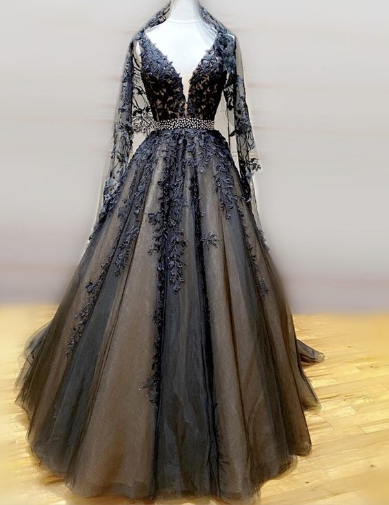 gorgeous lace long prom dresses Black wedding dresses ball gown cg17316