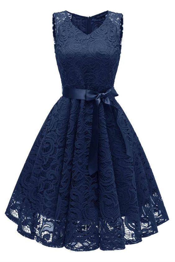 short navy blue lace dress with sash Homecoming Dresses cg17325