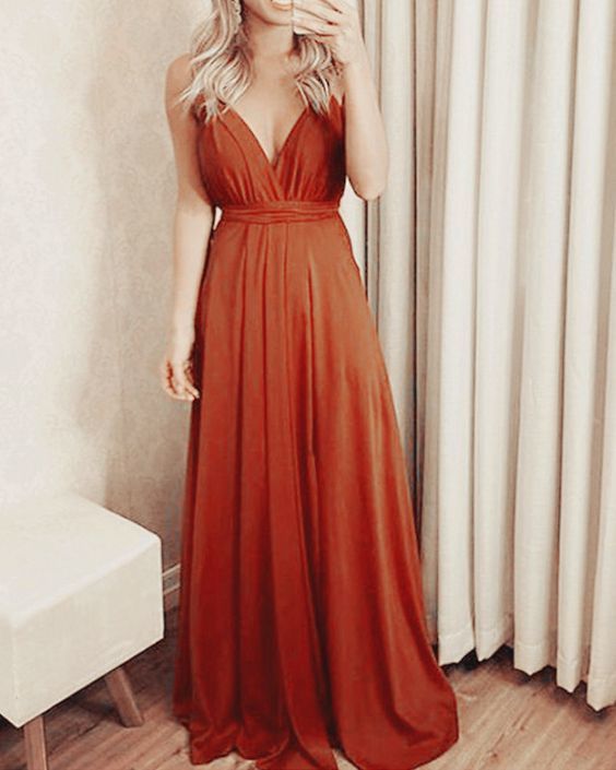 Burnt orange chiffon formal gown floor length with plunge neck prom dress cg17337