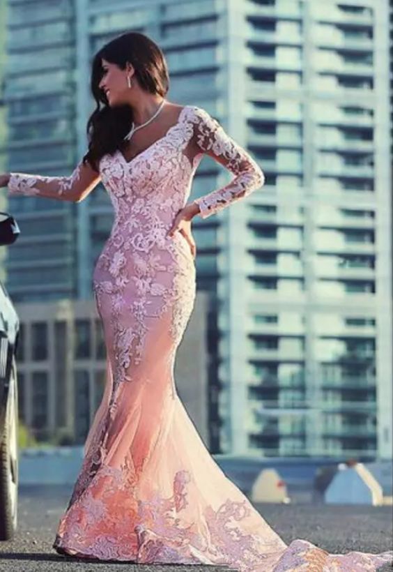 Gorgeous Mermaid Prom Dress Deep V Neck Lace Appliques cg17338